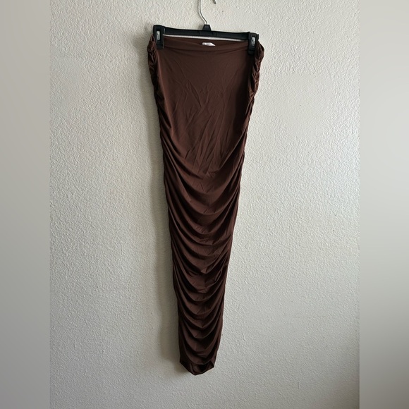Zara Chocolate Strapless Ruched Stretch Jersey Dress L - Picture 4 of 11